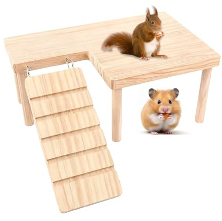 LIULINY Hamster Plattform mit Kletterleiter, Hölzern Hamster Plattform | L Förmige Haustiertreppe für Ratten, Kleintiere, Mäuse, Fördert Koordination Kleine Haustiere (28 * 17 * 13,5 cm)