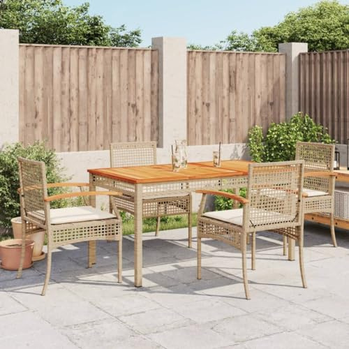 QJBSAVVA 5-Teiliges Gartenmöbel-Set mit Poly-Rattan und Akazienholz Beige 140x80x75 cm Modernes Balkonmöbel-Set für Terrasse Küche oder Wintergarten