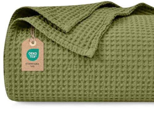 PHF 100% Baumwolle waffledecke Kuschedecke 220x240cm, leicht & atmungsaktiv, perfekt für das ganze Jahr - Oeko-TEX® Zertifiziert - Hotelwäschequalität - Ideal für Sofa Couch Bett, Calliste Grün