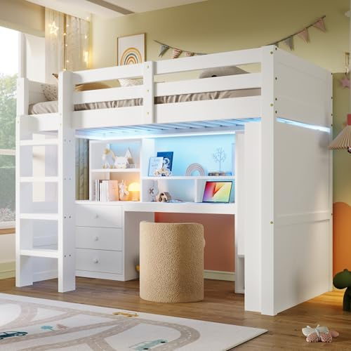 Mrwoo Kinderbett Hochbett 90x200 mit Schreibtisch, Kleiderschrank und Schubladen, Einzelbett mit Leiter und Lattenrost, Staufächer, Kiefernholz, weiß (ohne Matratze)