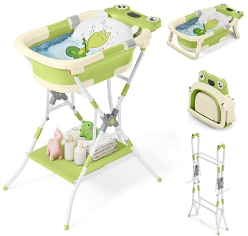 COOSEYA 3 in 1 Faltbare Babybadewanne mit Ständer, Babybadewanne für Neugeborene bis Kleinkind mit Unterstützung, weiches Kissen, faltbares Design für Reisen und Outdoor, Babyparty-Geschenke, 0-18
