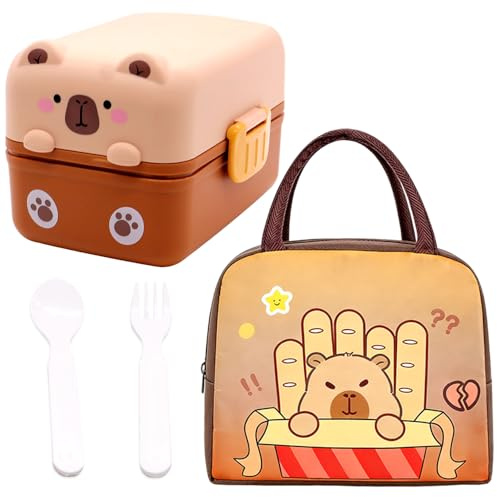 WFKKMEQ Capybara Lunch Box, Leakproof Bento Box Set with Lunch Bag Utensils Lunchs Container Lunchbox Portability Snack Boxes Lunch Boxs with Compartments for School, Travelling, Picnic