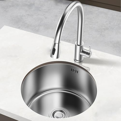ZQFHSX Lavabo Rotondo in Acciaio Inox per Cucina, Piccolo Bagno, lavabo da Incasso con Rubinetto Estraibile e Dispositivo di Scarico per Balcone, bancone Bar, Hotel, Sala da Pranzo.