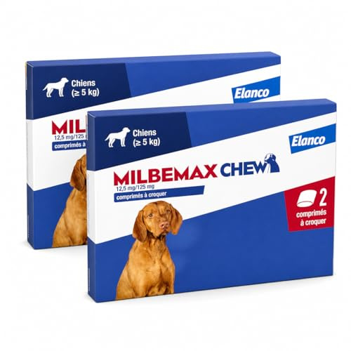 Générique Milbemax Chew Chiens 12,5 mg/125 MG – Lot de 2 Boîtes de 2 Comprimés à Croquer – pour Chiens dès 5 kg