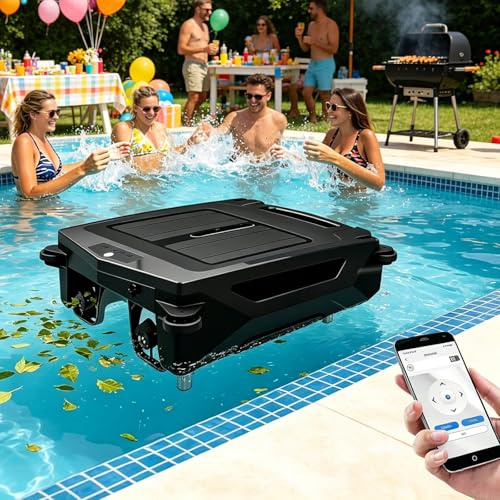 Kindevieft Skimmer robotico Solare per la Superficie della Piscina, Doppia modalità di Ricarica e Controllo Tramite App, rilevamento Intelligente degli Ostacoli Black