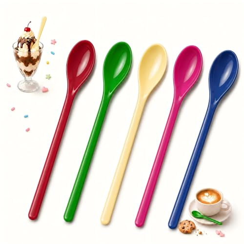 5 stycken långa plastskedar, kafferoer-skedar, frukostskedar, 2,8 x 18 cm, stora plastskedar för yoghurt, sylt, lungdrycker, desserter, kaffe, diskmaskinssäkra (flerfärgad)