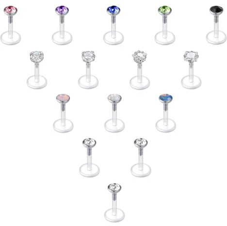 CIZME Labret Piercing Bioflex Transparent 1.2mm Lippenpiercing Set Plastik | Piercing Lippe Stecker Mix mit Zirkonia Kristall, Medusa Tragus Helix Ohr Schmuck, 15er Pack