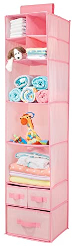 mDesign Fabric Hanging Organizer - Over Closet Rod Storage with 7 Shelves and 3 Removable Drawers for Baby Nursery or Bedroom Organization - Holds Clothes, Linens, Toys, Accessories - Pink Herringbone