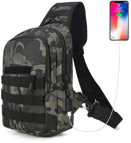 HUNTVP Sac à Bandoulière Tactical Poitrine Sac Molle Poitrine Sling Pack avec Bouteille D'eau Poche USB Prise Pour Usage Extérieur Plein Jour,Camo