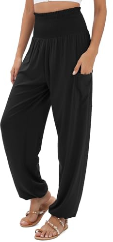 QIANXIZHAN Women's Harem Pants, High Waist Yoga Boho Trousers with Pockets Black M