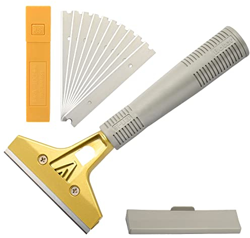 Ehdis Raschietto per vetri con 10 lame in acciaio inox, detergente per vetri professionale da 4 pollici con impugnatura diritta per colla, colore, decalcomanie, piano cottura e forno, Oro