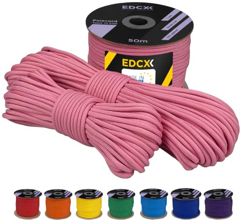 EdcX 4 mm Polyester Paracord 550 25+ Farben (15, 30 und 50 m) – Typ III, 100% Nylonseil, 7 Litzen Seil, 4mm Nylonseil in vielen Farben | Solid Colors (Pink, 15 m)