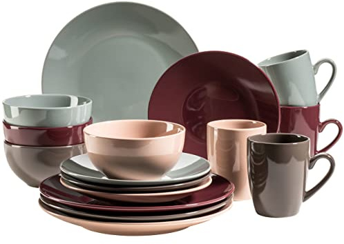 MÄSER 931956, Serie Inoda, Kombiservice für 4 Personen, 16-teiliges Geschirr Set mit Speiseteller, Dessertteller, Müslischale und Kaffeetasse, rundes Essgeschirr Geschirrset, Steinzeug, Autumn Foliage