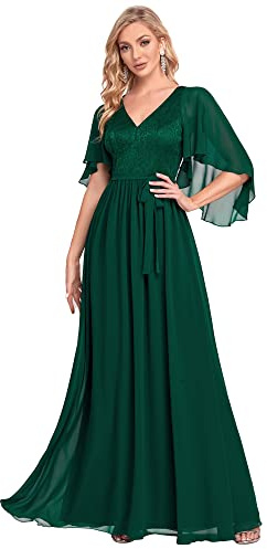 Ever-Pretty Women's V Neck A Line Ruffle Sleeves Chiffon Empire Waist Plus Size Maxi Bridesmaid Dresses Dark Green 16UK
