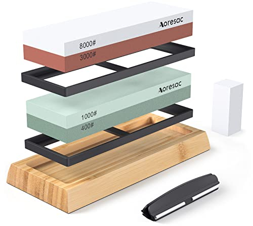 Aoresac Pietra per Affilare 4-in-1 Affilacoltelli Professionale 400/1000/3000/8000 con Guida Angolare, Pietra di Correzione, Base Bambù per Cucina