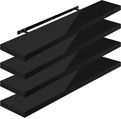 WOLTU Wandregal,Schweberegal Hochglänzend Schwarz,110x22,9x3,8cm 4er MDF | Wandboard 4er mit Metallhalterung, für Küche Badezimmer Wohnzimmer Schlafzimmer, aus MDF, Regale mit der höchsten Träger 10kg