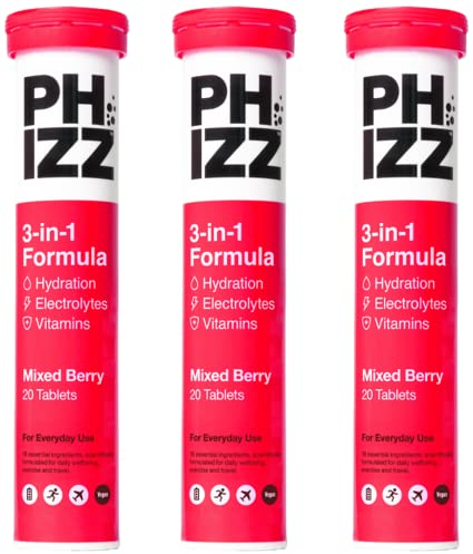 Phizz Compresse Elettrolitiche, Multivitaminiche e Idratanti - 60 Compresse Effervescenti per la Reidratazione - 18 Vitamine e Minerali, Vitamina C, Vegane, Vegetariane (Frutti di Bosco Misti)