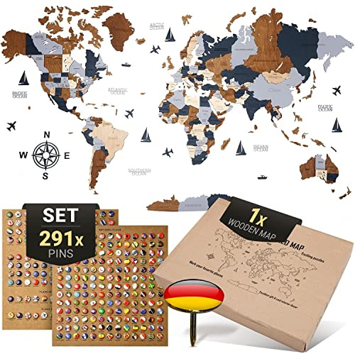 WOW WOOD Premium Wanddeko 3D Weltkarte Holz in Deutsch mit Pins | Werkzeuglose Wandmontage | Eine Geschenkidee für jede Gelegenheit | Wand deko Holz für Wohn- und Büro Deko (Dunkelbraun, 160x85 cms)