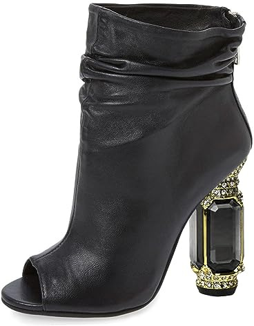 FSJ Women Stylish Peep Toe Slouch Ankle Boots Chunky Stacked Heels Party Prom Nightclub Evening Wedding Dress Shoes Size 8 Black Crystal Heel