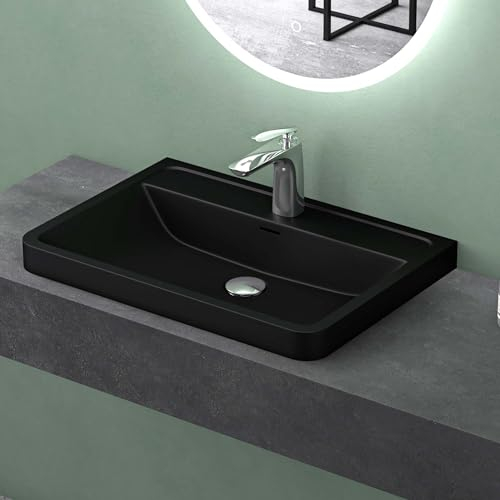 Mai & Mai Waschbecken Einbauwaschbecken 60cm Rechteckige Waschschale aus Mineralguss matt Schwarz mit Überlauf Colossum08