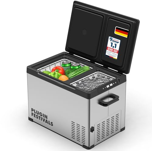 PLUG IN FESTIVALS elektrische Kühlbox DUAL Ice Cube, 30 Liter | 2 Fächer, Kompressor, 12v 230v, bis -20 Grad, App-Steuerung