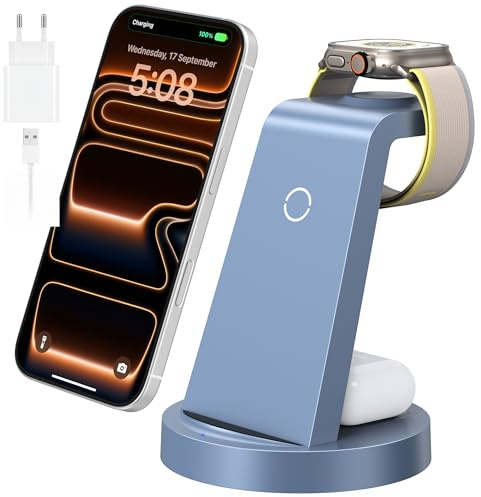 3 in 1 für iPhone Ladestation Schnelles Kabelloses Ladegerät - Wireless Charger für iPhone 17 Air 16e 16 15 14 13 12 11 X Pro Max & für Apple Watch und für Air Pods 4 3 2 Pro mit 18W Adapter (Blau)