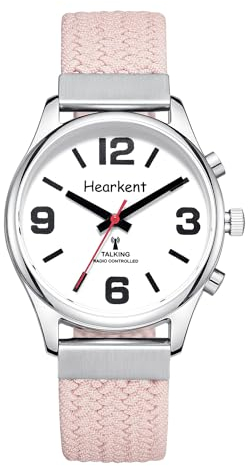 Hearkent Deutsch Sprechende Uhr Damen,Senioren Armbanduhr mit großen Zahlen, Uhren für Sehbehinderte Menschen, Blindenuhr oder Demenz Uhr (Nylon Rosa)