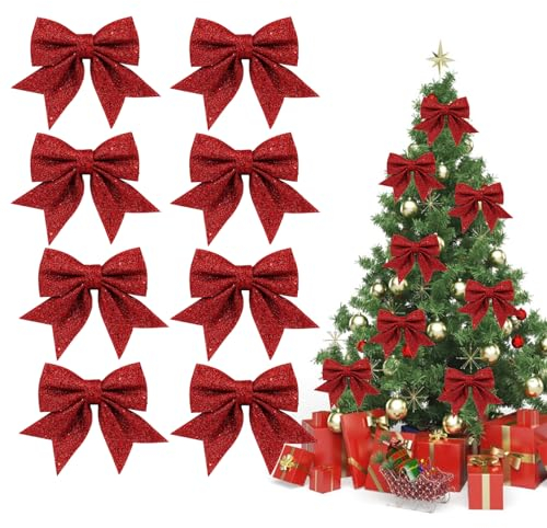 KATELUO Lazos Rojos de Navidad, 8pcs Lazos de Decoracion, Lazos Arbol de Navidad,Decoracion de Arbol Navidad Lazos, Adecuado para Decorar Celebraciones Familiares, Fiestas Navideñas, Bodas