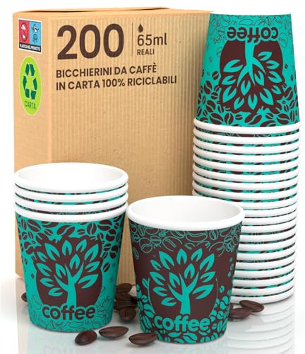 Eurocali 200 Pappbecher für Kaffee, 65 ml, Blue Forest, umweltfreundlich, biologisch abbaubar, Einweg, klein, zum Mitnehmen, heiße Getränke