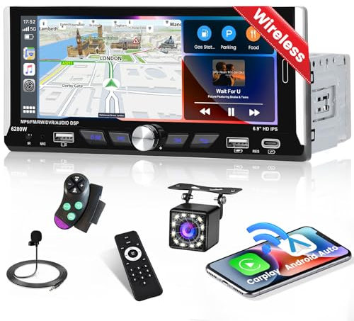 Inefala Autoradio Bluetooth 1 Din con Wireless Carplay Android Auto Senza Fili, 6,9 Pollici Stereo Auto con Schermo Mirror Link RDS/FM AUX SWC Telecamera Posteriore TYPE-C&Doppia USB