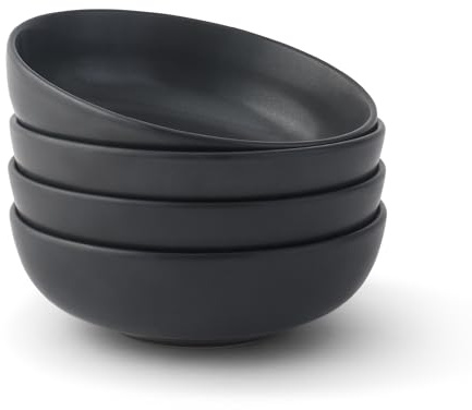 JoyJolt Mesa 30oz Stoneware Pasta Bowls Set of 4, Salad and Serving Bowls for Kitchen, Oatmeal, Soup, Dinner - Matte Black, Dishwasher and Microwave Safe, Wide and Shallow Plate