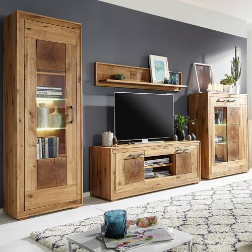 Lomadox Wohnmöbel Set Wohnwand Wildeiche massiv geölt montiert 4-teilig Modern, Highboard, Wandboard, Lowboard, Vitrine