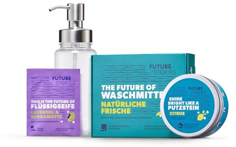 Future Stories Essentials Set - 60 Waschmittelstreifen, Handseife Lavendel, Bergamotte, Putzstein, Pumpspender - vegan