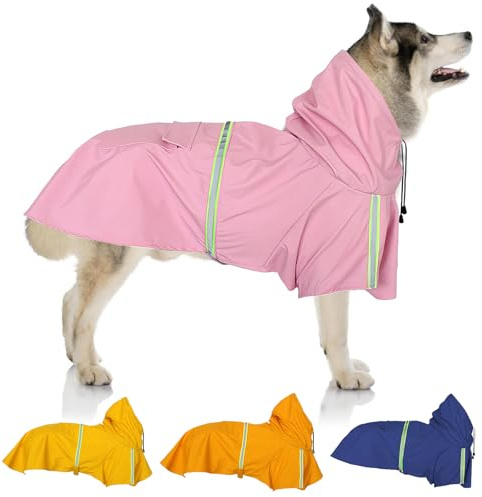 Regenmantel für Hunde, SilverChry Regenjacke für Hunde, Wasserdicht mit Kapuze, Atmungsaktiv, Wasserdicht für Haustiere, Welpen, Regenponcho mit reflektierenden Streifen (Rosa, 4XL)