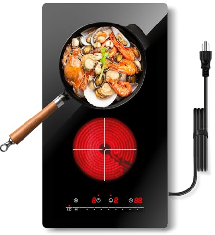 Borrallio Double Burner Electric Hot Plates for Cooking, 110V Plug in Portable Electric Stove Top, 12 Inch Countertop & Built -in Radiant Ceramic Glass Cooktop with Silder Contorl, 2000W