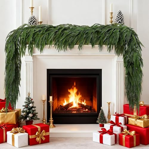 Yozexin Artificial Norfolk Pine Garlands Christmas Decor,6 Feet Winter Pine Garland Real Touch Faux Green Greenery Garland for Fireplace,Table, Window,Outdoor Christmas Decoration ﻿