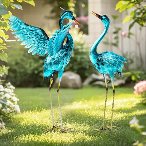 Autodaya 36.75 Metal Crane Garden Statue - Handmade Oversize Heron Sculptures with Stable Ground Stakes, Backyard Large Bird Decoration, Metal Garden Art.