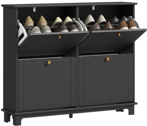 HOMCOM Narrow Shoe Storage Cabinet with 4 Flip Drawers for Hallway Black | Modern Slim Cabinet, Adjustable Shelves, Holds 16 Pairs of Shoes