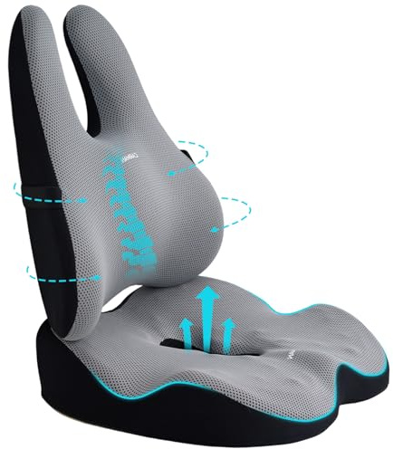 Warmiehomy 2-in-1 Lumbar Support & Office Chair Cushion, Seat Cushion for Office Chair, Back Support Cushion Memory Foam Back Pain Relief, Non-Slip Coccyx Cushion Set for Desk, Gaming, Car Seat, Gray