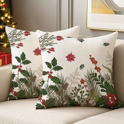 JANGYUHH Winter Grüne Blumen Weihnachten Kissenbezug 40x40 cm Kissenbezüge Tannenzapfen Weihnachtsdeko Sofakissen Kissenhülle Modern Dekorative Weiche für Sofa Wohnzimmer Christmas 2er Set