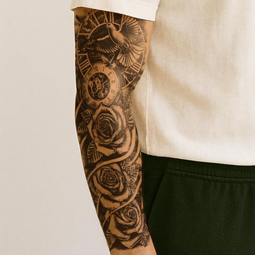Inkster Tattoo - Zeitlose Rosen Tattoo Sleeve - vegane & wasserfeste Temporäre Tattoos für Erwachsene - EU-Kosmetikzertifizierte Farbe - revolutionäres 2 Wochen Tattoo - Premium Klebetattoos