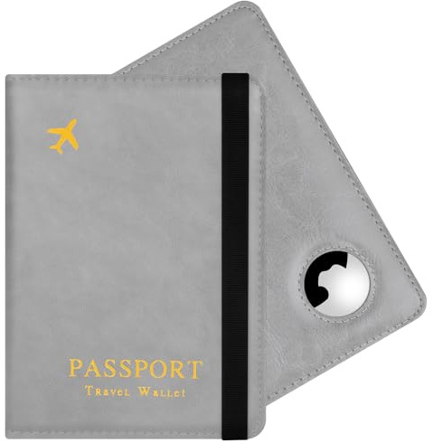 AOOSU Reisepasshülle, PU Leder Passport Cover mit Airtag Halter-Grau | Reisepass Hülle für Damen Herren, Travel Passport Holder für Kreditkarten Ausweis Reisedokumente