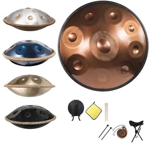Fortgeschrittene Handpan-Trommel 55,8 cm für Erwachsene, 9/10/12 Noten Stahl Handpan, Musik-Pan-Instrument D-Moll 432Hz/440Hz mit weicher Handpan-Tasche(Gold,440HZ/9Note)