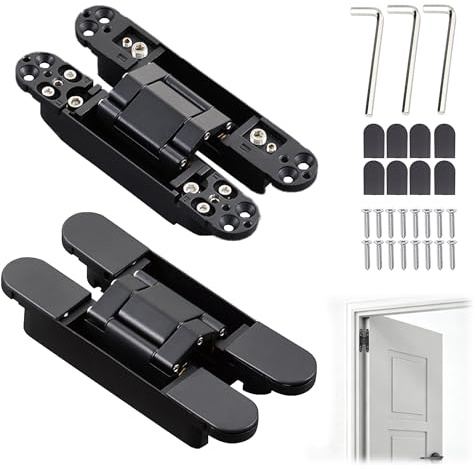 Hidden Door Hinges Black 2 Pack – 180° 3D Adjustable Concealed Hinges | Zinc Alloy Invisible Flush Hinges for Wooden Folding Doors and Cupboards 40kg Capacity