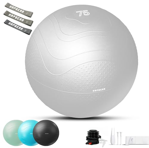 HAPBEAR Gymnastikball & Sitzball (55/65/75 cm) – Anti-Burst, rutschfest Mit Massage-Noppen, Extra Dickes PVC, Bis 200 Kg – Komplettset Mit Fußpumpe & 3 Widerstandsbändern für Fitness, Büro & Yoga