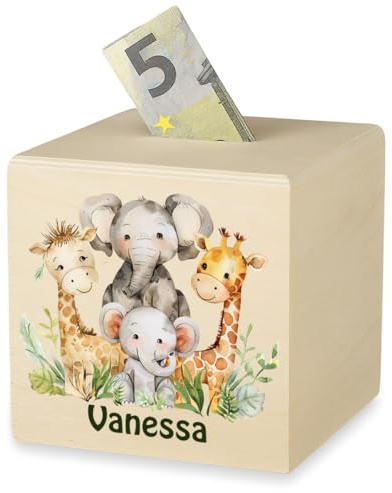 polar-effekt Kinder Spardose aus Holz mit Tiermotiv als Geschenk - Personalisiertes Geburtstagsgeschenk - Sparschwein für Jungs & Mädchen - aus Echtholz gefertigt