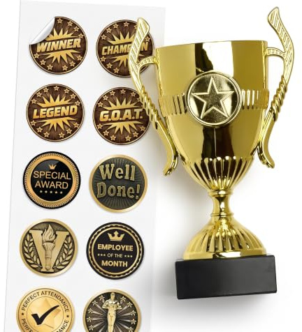 TROPHIESPLUSMEDALS Gold Merit Trophy Cup - 15cm, Winners Trophy for Sports and Leagues – Plastic Trophy Award with Marble Base - Includes 10 Achievement Stickers