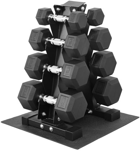 Fitvids 100LB Rubber Coated Hex Dumbbell Weight Set with Storage Rack, 5-20LB Free Weights with Anti-Slip Handle for Home Gym