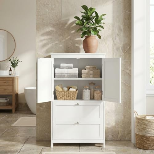 DazzlerE Badezimmerschrank Schmal, Badschrank Schmal, Badmöbel für Kleine Bäder mit 2 Türen und 2 Schubladen, Verstellbare Ablage, Küchenschrank Weiß, 60×30×110cm