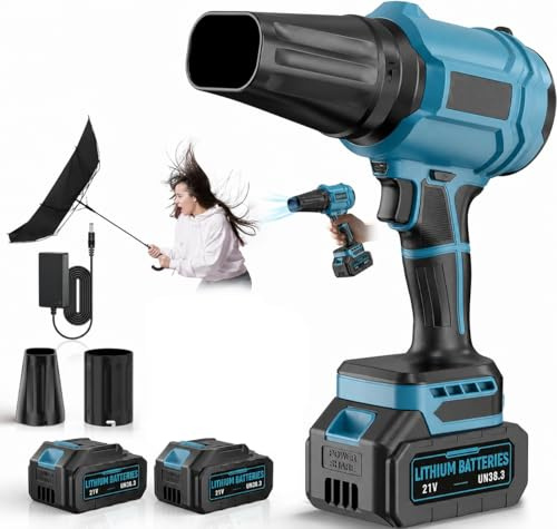 Soplador de Hojas con 2 Batería 4,0Ah, 21V Soplador Batería 800,000 RPM, 65 m/s, Velocidad Regulable, 2 Boquillas y Diseño Ligero para Jardín, Terraza, Patio y Coche (Azul)